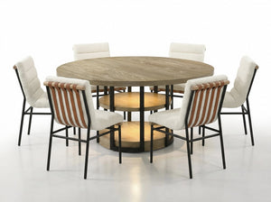 English Elm Elena Round Oak Veneer Dining Set Seats Six with Led Base and Boucle Chairs B2749S00383