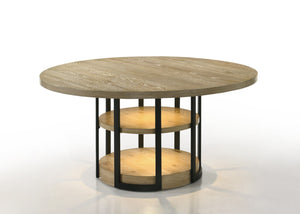 English Elm Elena Round Oak Veneer Dining Set Seats Six with Led Base and Boucle Chairs B2749S00383