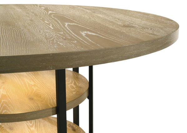 English Elm Elena Round Oak Veneer Dining Set Seats Six with Led Base and Boucle Chairs B2749S00383
