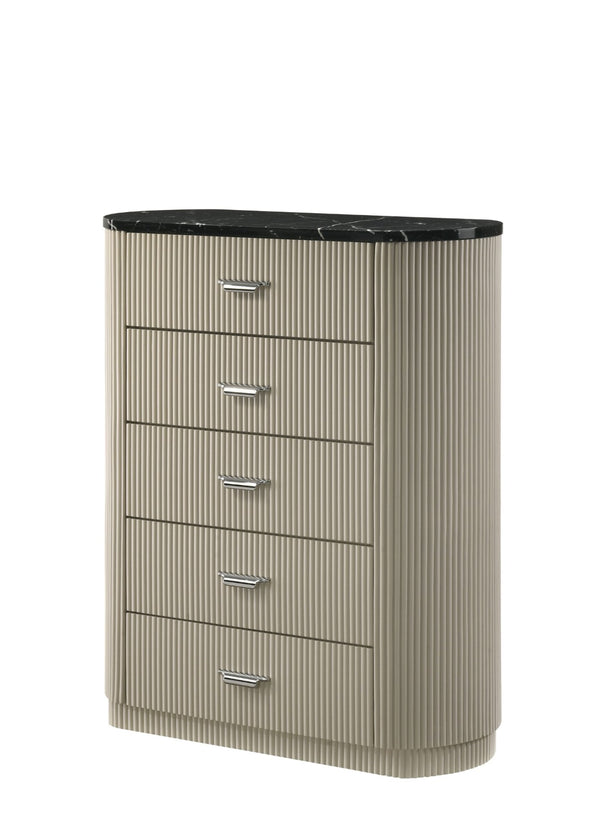 English Elm Travonte Five Drawer Dresser with Black Marble Top Beige Wood Bedroom Storage B2756P507051