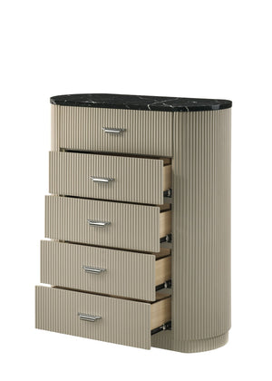 English Elm Travonte Five Drawer Dresser with Black Marble Top Beige Wood Bedroom Storage B2756P507051