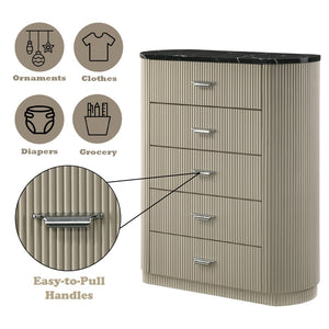 English Elm Travonte Five Drawer Dresser with Black Marble Top Beige Wood Bedroom Storage B2756P507051