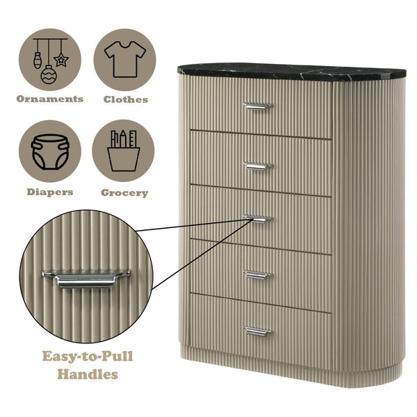 English Elm Travonte Five Drawer Dresser with Black Marble Top Beige Wood Bedroom Storage B2756P507051