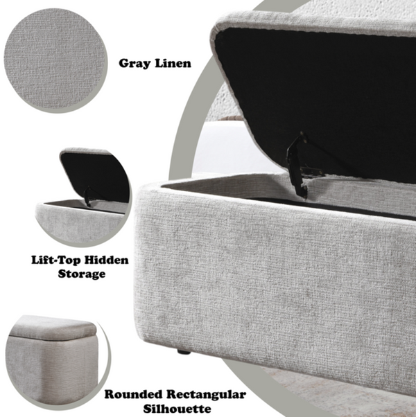 English Elm Orane Linen Upholstered Storage Bench with Hinged Lid for Entryway or Bedroom B2756P507063