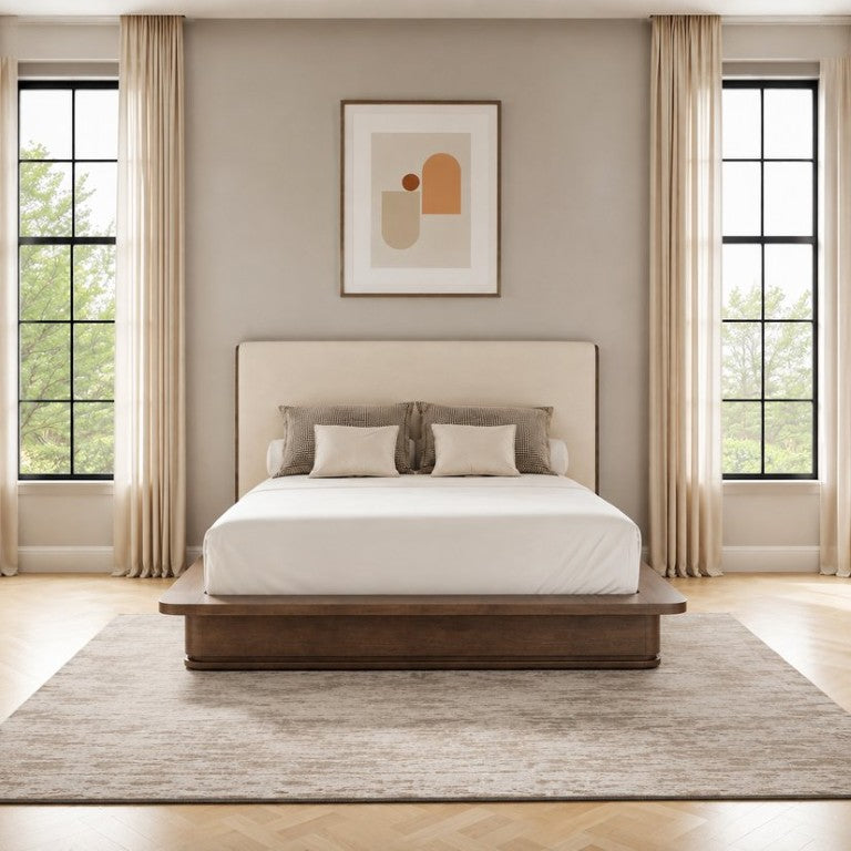English Elm Zoey Queen Platform Bed with Linen Headboard and Oak Veneer Frame for Modern Bedrooms B2756S00049