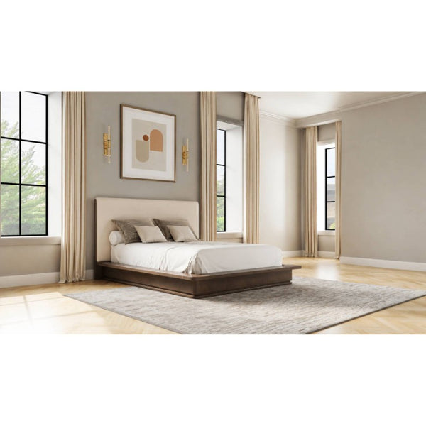 English Elm Zoey Queen Platform Bed with Linen Headboard and Oak Veneer Frame for Modern Bedrooms B2756S00049