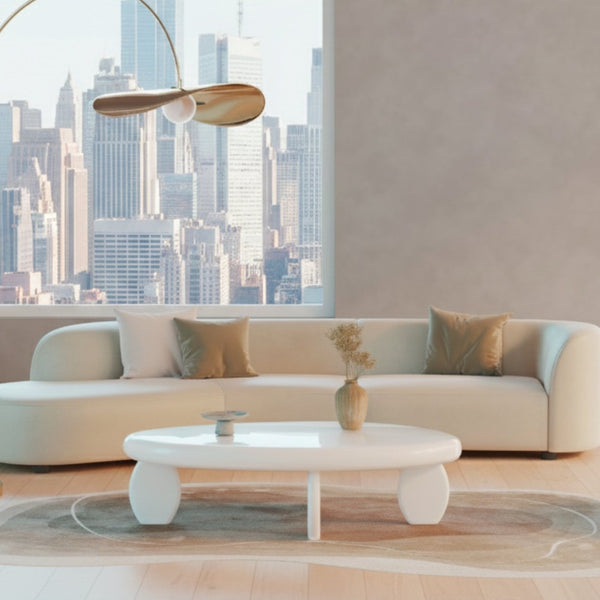 English Elm 46" Oval Coffee Table with Sculptural Pebble Legs and Glossy Lacquer Finish White B2757P456193
