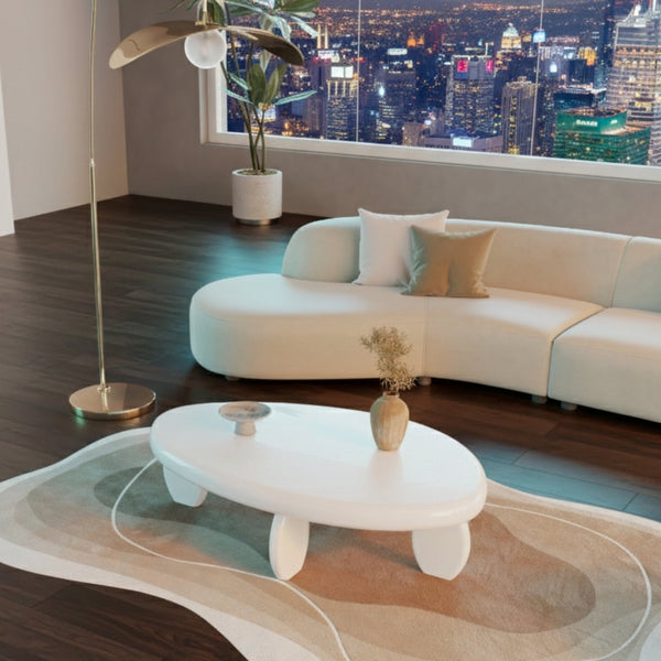 English Elm 46" Oval Coffee Table with Sculptural Pebble Legs and Glossy Lacquer Finish White B2757P456193