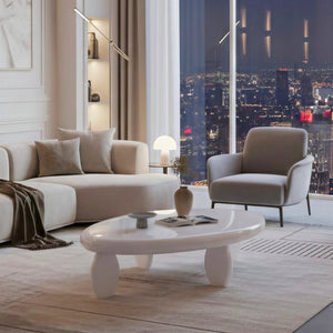 English Elm 46" Oval Coffee Table with Sculptural Pebble Legs and Glossy Lacquer Finish White B2757P456193