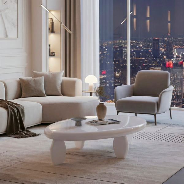 English Elm 46" Oval Coffee Table with Sculptural Pebble Legs and Glossy Lacquer Finish White B2757P456193