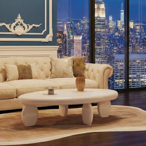 English Elm 46" Oval Coffee Table with Sculptural Pebble Legs and Glossy Lacquer Finish White B2757P456193