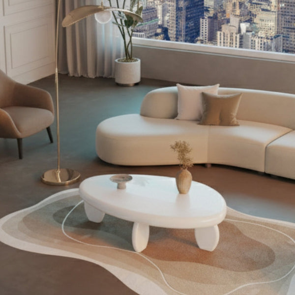 English Elm 46" Oval Coffee Table with Sculptural Pebble Legs and Glossy Lacquer Finish White B2757P456193