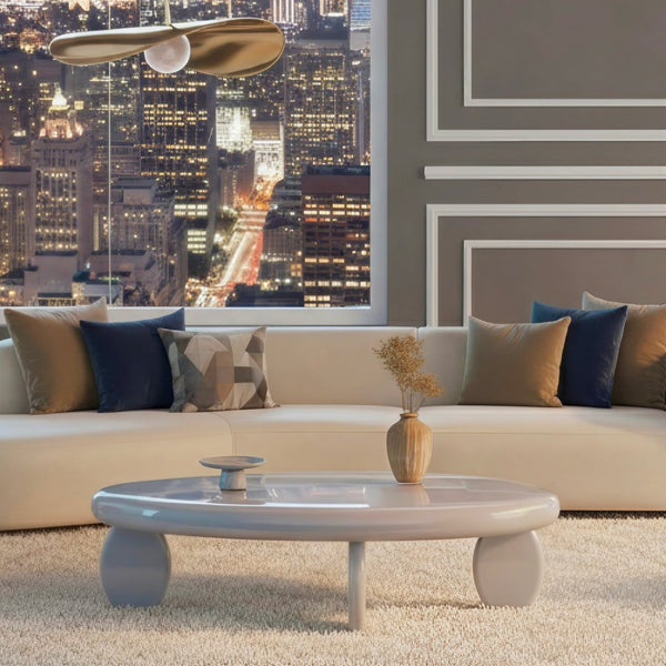 English Elm 46" Oval Coffee Table with Sculptural Pebble Legs and Glossy Lacquer Finish Gray B2757P456194