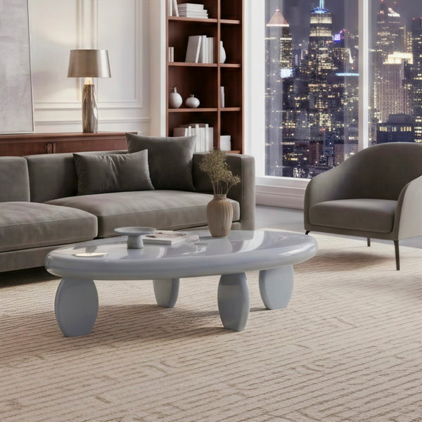 English Elm 46" Oval Coffee Table with Sculptural Pebble Legs and Glossy Lacquer Finish Gray B2757P456194