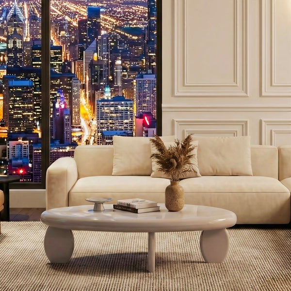 English Elm 46" Oval Coffee Table with Sculptural Pebble Legs and Glossy Lacquer Finish Gray B2757P456194