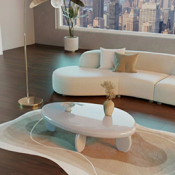English Elm 46" Oval Coffee Table with Sculptural Pebble Legs and Glossy Lacquer Finish Gray B2757P456194