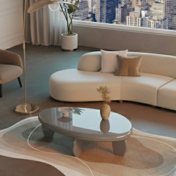 English Elm 46" Oval Coffee Table with Sculptural Pebble Legs and Glossy Lacquer Finish Gray B2757P456194