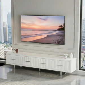 English Elm 78.7" Wide Low Profile Media Console Lacquered Gloss Finish Slatted Drawers Modern Living White B2757P456199