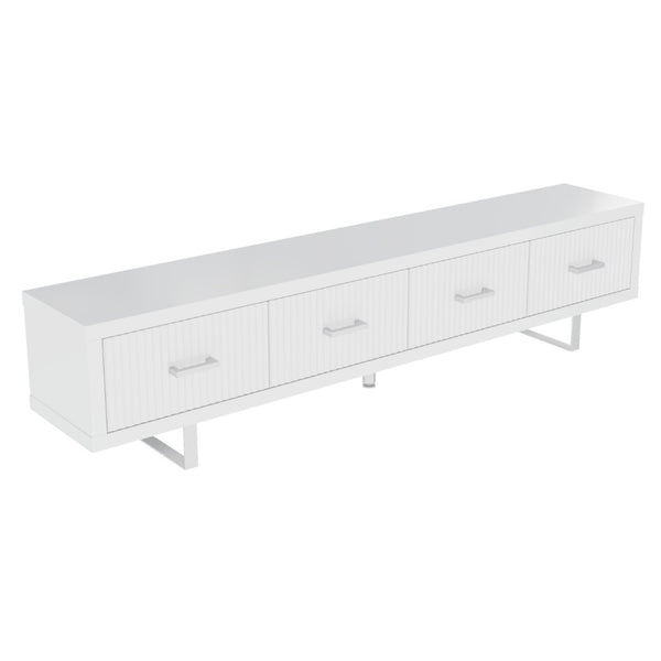 English Elm 78.7" Wide Low Profile Media Console Lacquered Gloss Finish Slatted Drawers Modern Living White B2757P456199