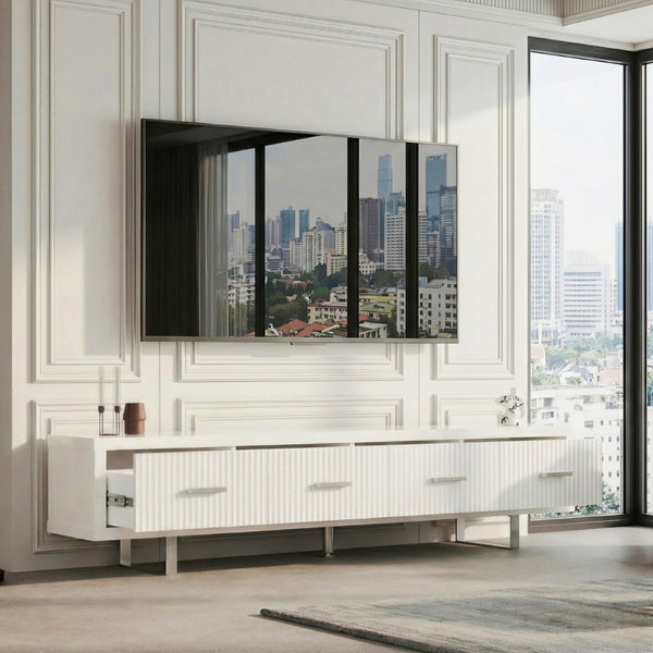 English Elm 78.7" Wide Low Profile Media Console Lacquered Gloss Finish Slatted Drawers Modern Living White B2757P456199