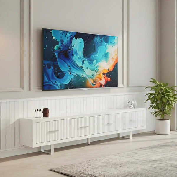 English Elm 78.7" Wide Low Profile Media Console Lacquered Gloss Finish Slatted Drawers Modern Living White B2757P456199