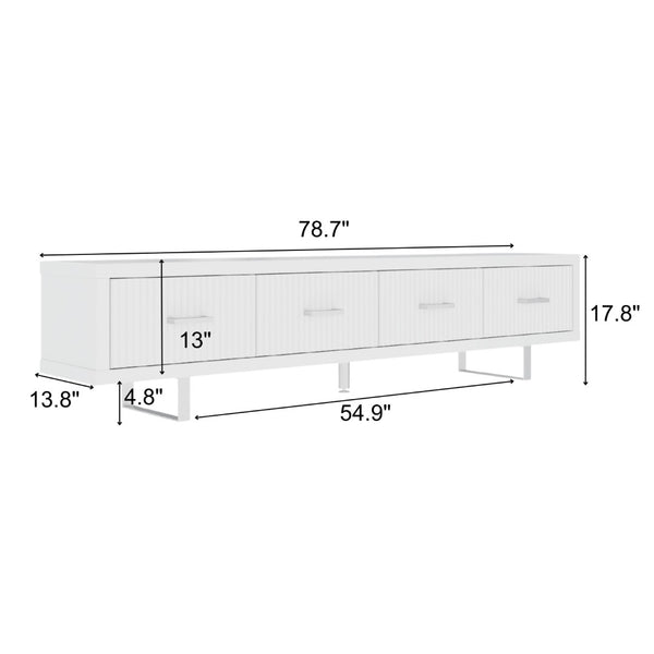 English Elm 78.7" Wide Low Profile Media Console Lacquered Gloss Finish Slatted Drawers Modern Living White B2757P456199