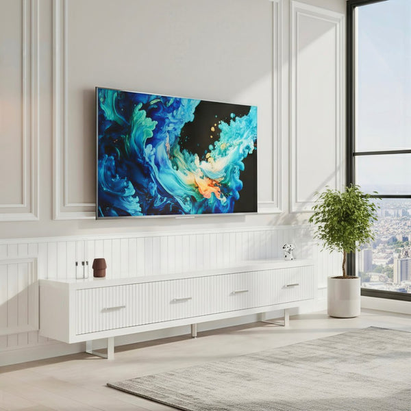 English Elm 78.7" Wide Low Profile Media Console Lacquered Gloss Finish Slatted Drawers Modern Living White B2757P456199