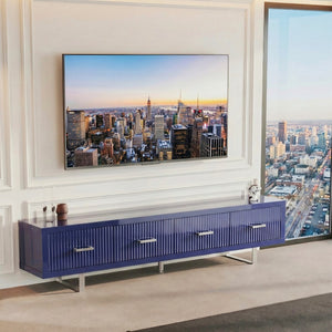English Elm 78.7" Wide Low Profile Media Console Lacquered Gloss Finish Slatted Drawers Modern Living Blue B2757P456200
