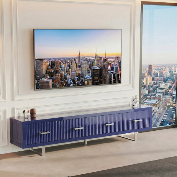 English Elm 78.7" Wide Low Profile Media Console Lacquered Gloss Finish Slatted Drawers Modern Living Blue B2757P456200