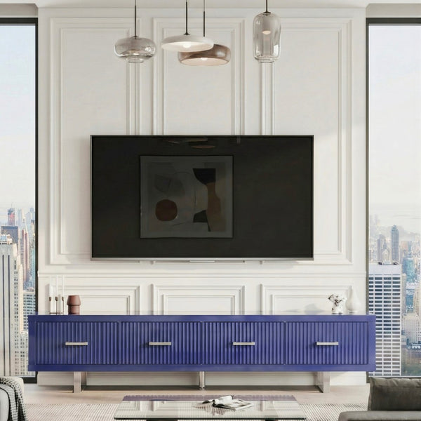 English Elm 78.7" Wide Low Profile Media Console Lacquered Gloss Finish Slatted Drawers Modern Living Blue B2757P456200