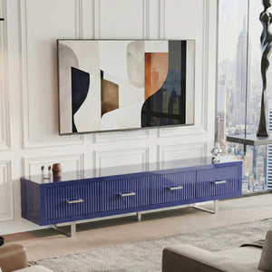 English Elm 78.7" Wide Low Profile Media Console Lacquered Gloss Finish Slatted Drawers Modern Living Blue B2757P456200