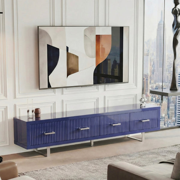 English Elm 78.7" Wide Low Profile Media Console Lacquered Gloss Finish Slatted Drawers Modern Living Blue B2757P456200