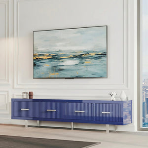 English Elm 78.7" Wide Low Profile Media Console Lacquered Gloss Finish Slatted Drawers Modern Living Blue B2757P456200