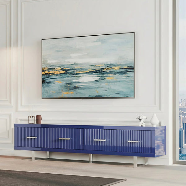 English Elm 78.7" Wide Low Profile Media Console Lacquered Gloss Finish Slatted Drawers Modern Living Blue B2757P456200