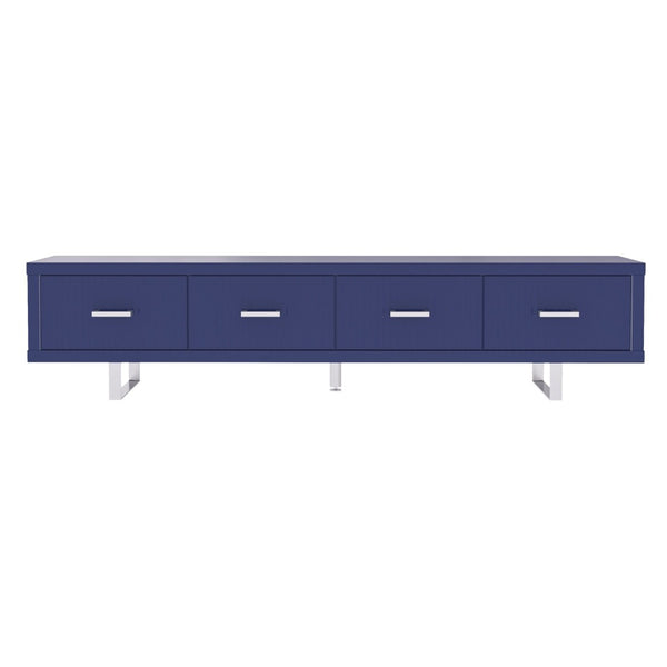 English Elm 78.7" Wide Low Profile Media Console Lacquered Gloss Finish Slatted Drawers Modern Living Blue B2757P456200