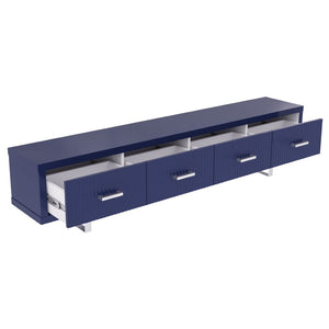 English Elm 78.7" Wide Low Profile Media Console Lacquered Gloss Finish Slatted Drawers Modern Living Blue B2757P456200