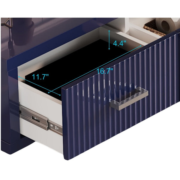 English Elm 78.7" Wide Low Profile Media Console Lacquered Gloss Finish Slatted Drawers Modern Living Blue B2757P456200