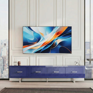 English Elm 78.7" Wide Low Profile Media Console Lacquered Gloss Finish Slatted Drawers Modern Living Blue B2757P456200