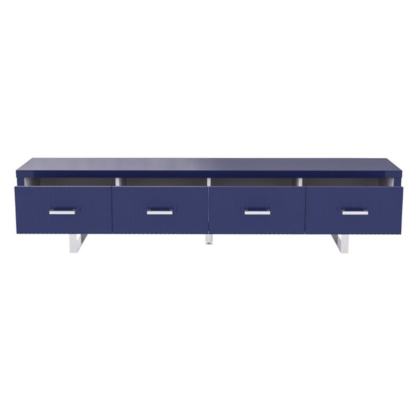 English Elm 78.7" Wide Low Profile Media Console Lacquered Gloss Finish Slatted Drawers Modern Living Blue B2757P456200