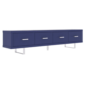 English Elm 78.7" Wide Low Profile Media Console Lacquered Gloss Finish Slatted Drawers Modern Living Blue B2757P456200