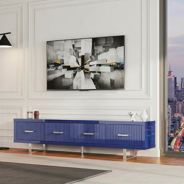 English Elm 78.7" Wide Low Profile Media Console Lacquered Gloss Finish Slatted Drawers Modern Living Blue B2757P456200