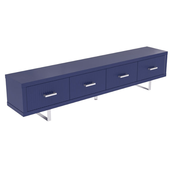 English Elm 78.7" Wide Low Profile Media Console Lacquered Gloss Finish Slatted Drawers Modern Living Blue B2757P456200