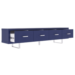 English Elm 78.7" Wide Low Profile Media Console Lacquered Gloss Finish Slatted Drawers Modern Living Blue B2757P456200