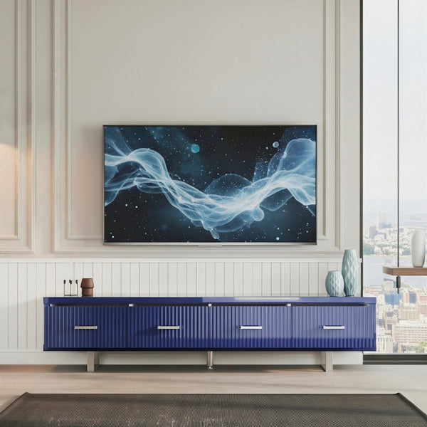 English Elm 78.7" Wide Low Profile Media Console Lacquered Gloss Finish Slatted Drawers Modern Living Blue B2757P456200