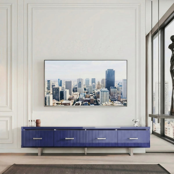 English Elm 78.7" Wide Low Profile Media Console Lacquered Gloss Finish Slatted Drawers Modern Living Blue B2757P456200