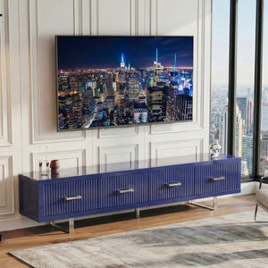 English Elm 78.7" Wide Low Profile Media Console Lacquered Gloss Finish Slatted Drawers Modern Living Blue B2757P456200