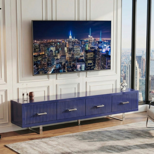 English Elm 78.7" Wide Low Profile Media Console Lacquered Gloss Finish Slatted Drawers Modern Living Blue B2757P456200