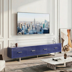 English Elm 78.7" Wide Low Profile Media Console Lacquered Gloss Finish Slatted Drawers Modern Living Blue B2757P456200