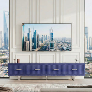 English Elm 78.7" Wide Low Profile Media Console Lacquered Gloss Finish Slatted Drawers Modern Living Blue B2757P456200