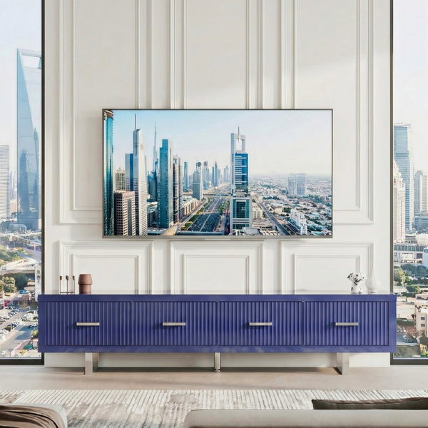 English Elm 78.7" Wide Low Profile Media Console Lacquered Gloss Finish Slatted Drawers Modern Living Blue B2757P456200